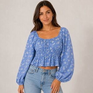 ASOS Design Blue Daisy Floral Smocked Peplum Blouse Square Neck Long Sleeve Top